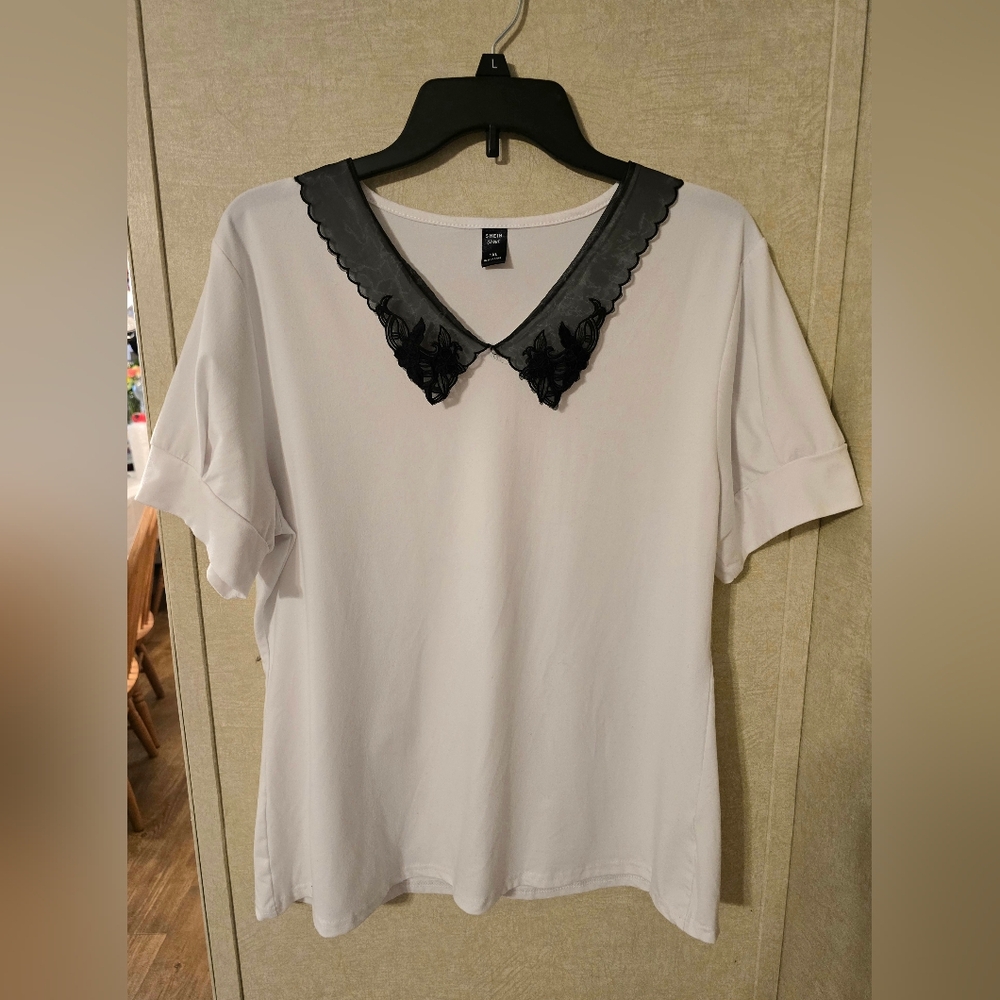 White Blouse with Black Lace Collar